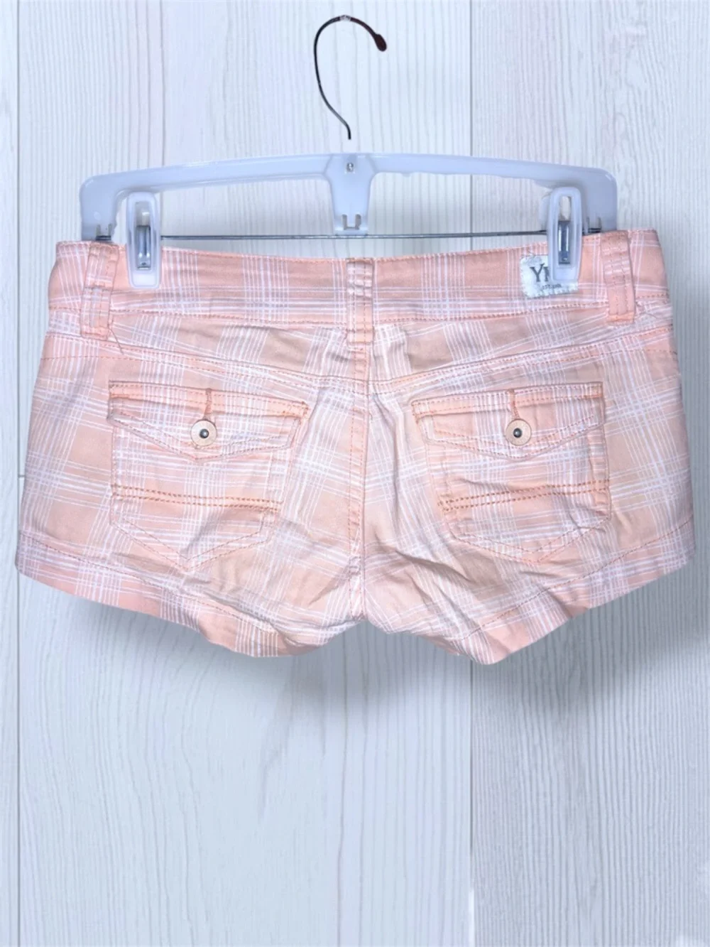 YMI Women’s Plaid Low Rise Shorts Peach Preppy Orange White Tartan - Size 3